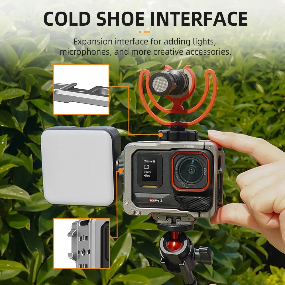 Flymile Adapter Frame Metal Cage for Insta360 Ace Pro 2 Camera Accessorise Aluminium Alloy Case Mount Cold Shoe Full Protective