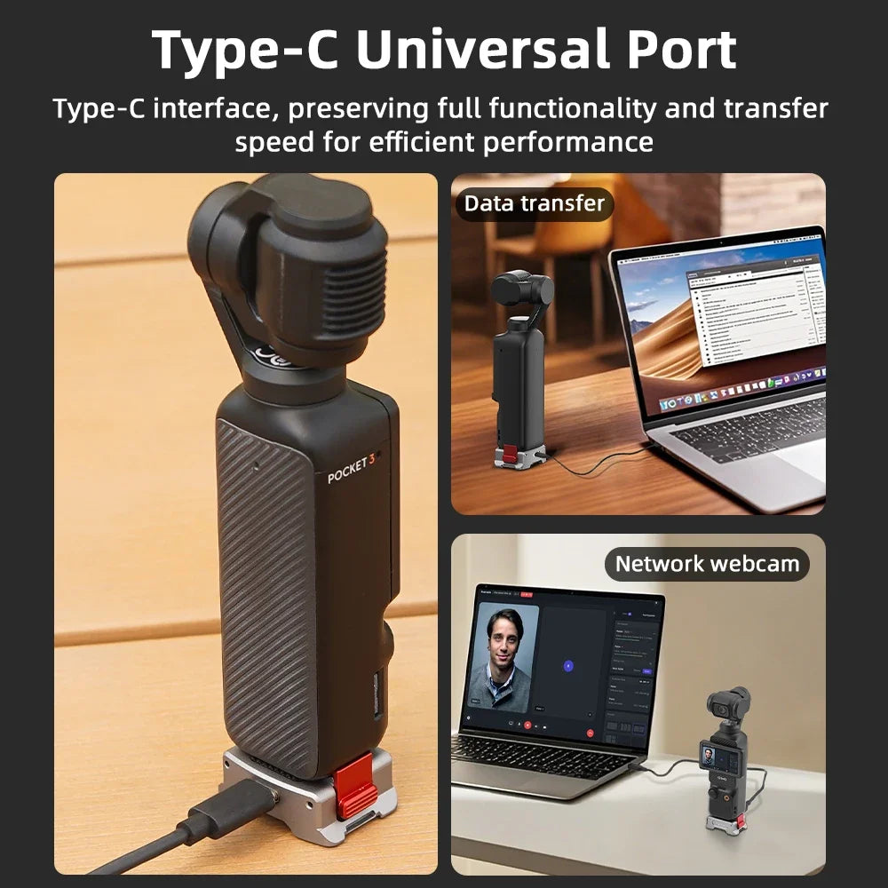 Flymile Concept Charging Base for DJI Pocket 3 Desktop Type-C Charging Dock 1/4 Screw Hole Tripod/Selfie Stick Mount Adapter