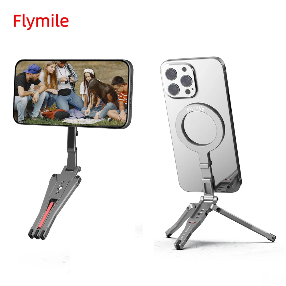 Flymile Magnetic Magsafe Selfie Stick Tripod for iPhone 16 15 14 13 12 Pro Max Samsung Phone Foldable Desktop Tripod 1/4" Holes