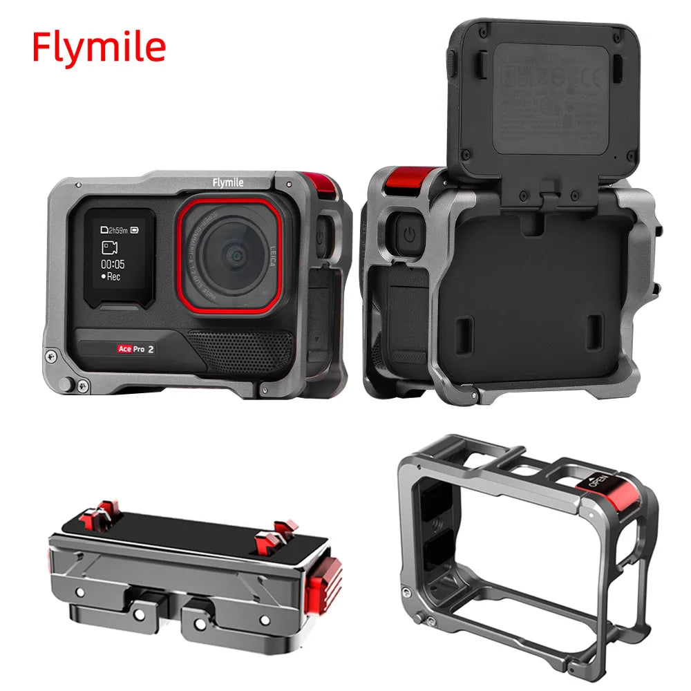 Flymile Adapter Frame Metal Cage for Insta360 Ace Pro 2 Camera Accessorise Aluminium Alloy Case Mount Cold Shoe Full Protective