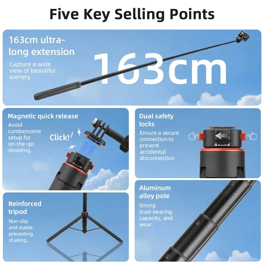 Flymile Universal Tripod Handheld Portable Mount For GoPro Hero 12 11 10 9/Insta360 X4 X3/DJI Pocke 3/Action 5 Stand Accessories